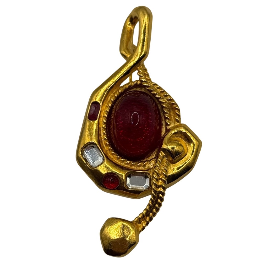 Vintage Ungaro Paris Brooch Red Cabochon Gold Tone Statement Pin France